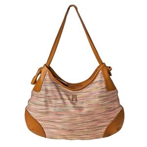Vintage Missoni Striped Multicolored Gabric Tan Leather Trim Hobo Shoulder Bag